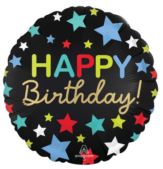 18" Black Satin B'day Stars  Pkg